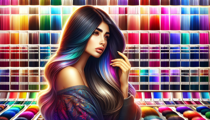 Woman with long hair choosing balayage colour in a vibrant salon.
