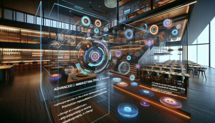 Futuristic restaurant employing advanced digital marketing tools for enhanced customer engagement and online reputation management.