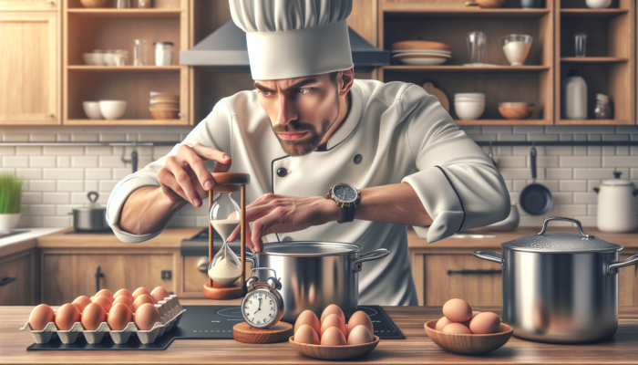 Chef using a timer to boil eggs perfectly, checking early and adjusting for stove and cookware.