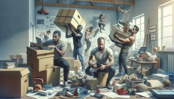 A diverse team in a cluttered house, each focused on organising, lifting, and coordinating for a successful clearance.