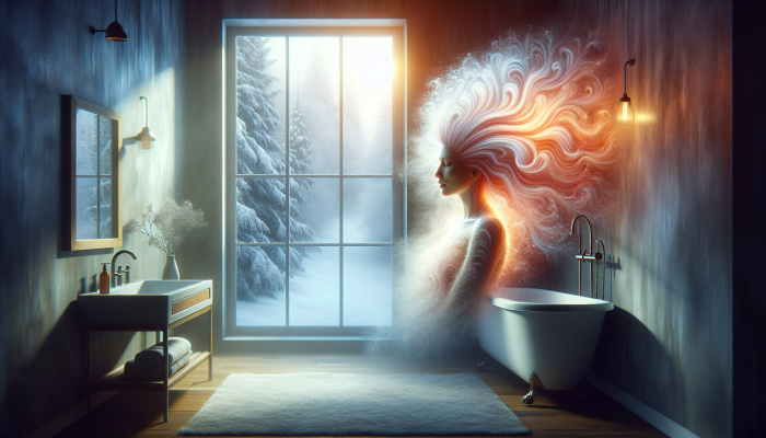 Person with healthy hair under lukewarm water in a cosy bathroom, winter scene visible outside.