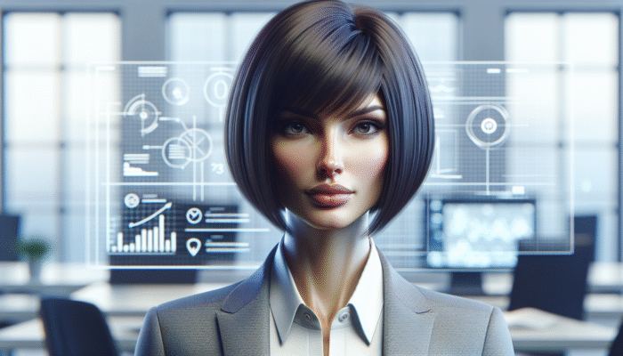 A woman showcasing a sharp, straight-across blunt bob, exuding confidence and sophistication.