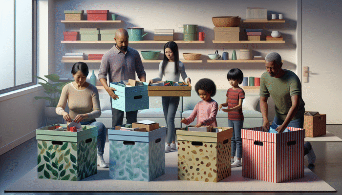 Leicester House Clearance: Family sorting items into labeled boxes for keeping, donating, selling, and discarding in an organised living room.