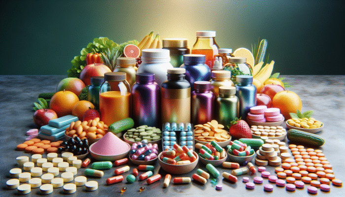 A vibrant selection of dietary supplements on a table, surrounded by fresh fruits and vegetables.