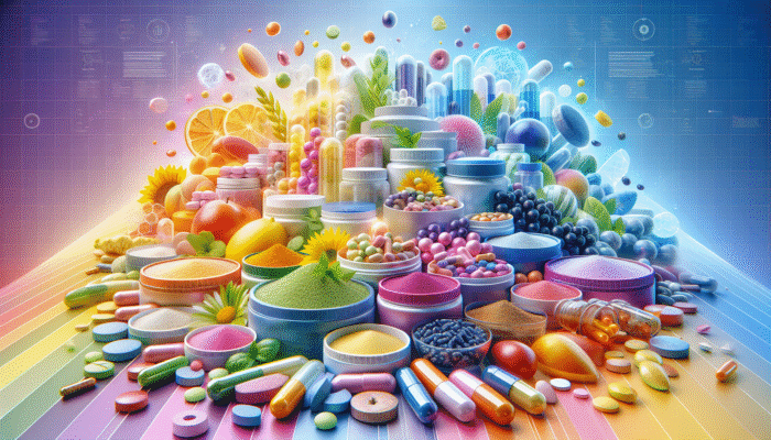 A vibrant selection of dietary supplements in capsules, tablets, and powders on an engaging background.