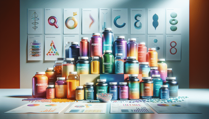 A collection of specialty supplement bottles featuring probiotics, omega-3s, and protein powders displayed on a health-oriented backdrop.