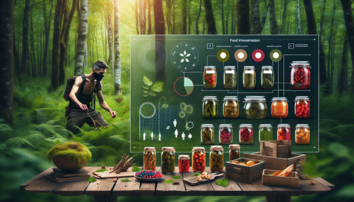 A person foraging for berries and mushrooms in a vibrant forest, with preserved foods displayed on a rustic table.