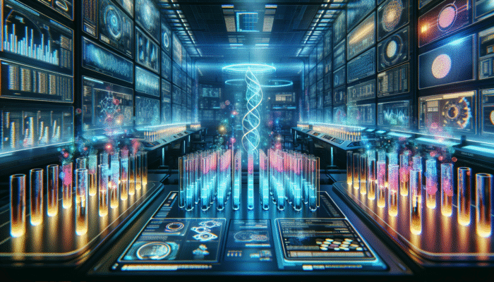 A futuristic laboratory with glowing test tubes and digital screens displaying protein absorption data.