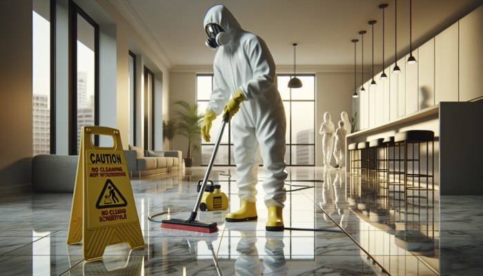 Person in protective gear cleaning marble floor, with caution signs and open windows, in a well-lit room.