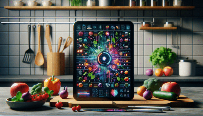 A modern kitchen with an AI tablet displaying diverse recipes, surrounded by fresh ingredients and utensils.