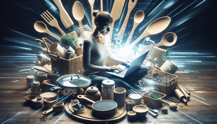 An individual utilising a laptop equipped with SEO tools, showcasing eco-friendly kitchen utensils, achieving high visibility for "sustainable kitchen tools" in search results.