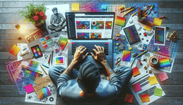 A vibrant workspace featuring a laptop displaying a lively product page, notes, and a mood board; an individual composing product descriptions.