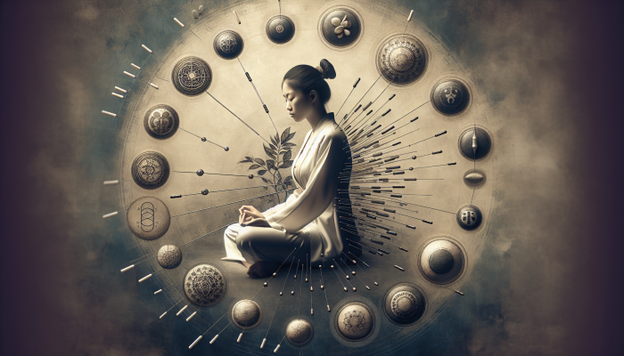 A calm Asian woman receiving acupuncture, surrounded by symbols representing acupressure, reflexology, and cupping.