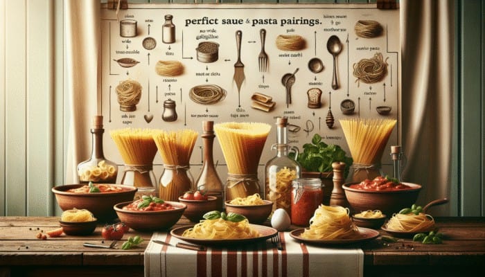 A rustic Italian table adorned with tagliatelle and meat ragu, angel hair and light tomato sauce, showcasing ideal pairings.
