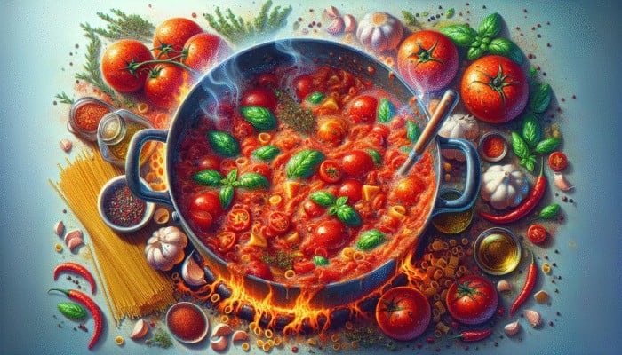 A bubbling pot of rich tomato sauce featuring diced tomatoes, garlic, herbs, and chilli flakes, simmering alongside cooking pasta.