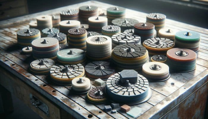 A diverse assortment of polishing pads on a workbench for stone floors, featuring diamond and resin types.
