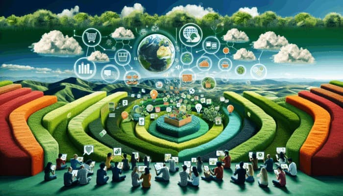 Creating impactful video content for niche markets: Infographic illustrating sustainable living trends, zero-waste tips, and eco-friendly product reviews, featuring diverse consumers engaging with digital devices.