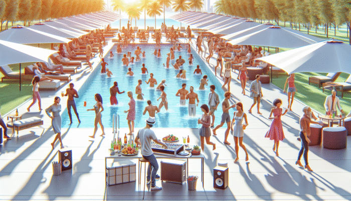 A lively pool party scene featuring guests dancing, socialising, and enjoying music by a luxurious pool under the bright sunshine.
