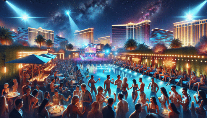A vibrant Las Vegas nighttime pool party featuring dazzling lights, live music, and guests enjoying cocktails poolside beneath a starlit sky.