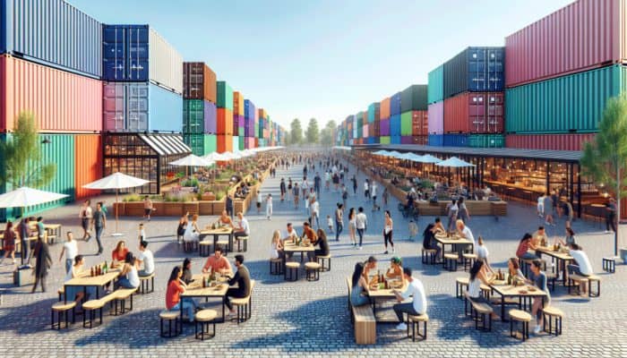 A vibrant downtown park with colourful shipping containers transformed into bars and restaurants, where people enjoy drinks in an industrial, artistic setting.