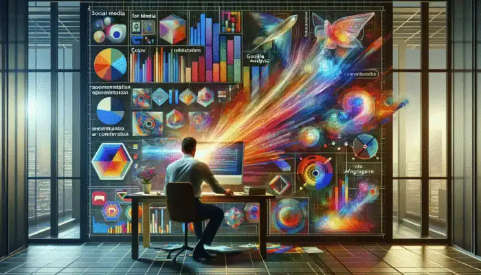 An individual evaluating social media performance metrics on a computer, surrounded by social media icons and analytics tools.