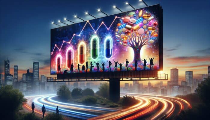 A digital billboard featuring personalized supplement ads, graphs of rising conversion rates, and satisfied customers with products, in a modern cityscape at dusk.