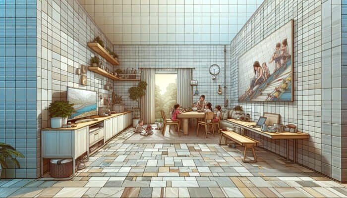 Durable ceramic tiles in a busy family home, resistant to scratches, stains, and moisture.
