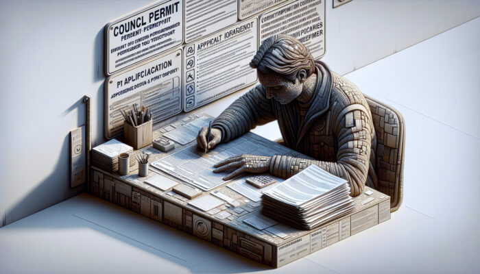 Individual completing a council permit application form at a desk surrounded by documents and guidelines.
