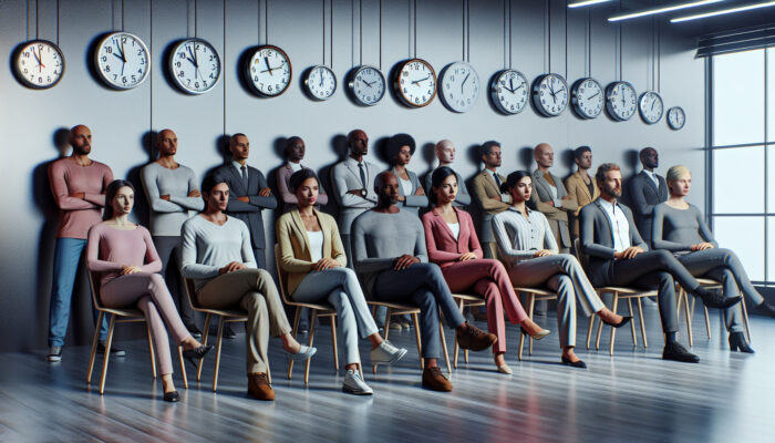Diverse group waiting in office with permit applications and clocks indicating different times.