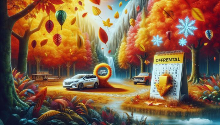 A picturesque autumn landscape with a car rental office, colourful falling leaves, and a calendar indicating off-peak seasons.