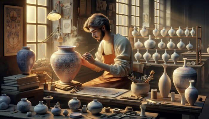 A talented artisan in Enfield skillfully repairing a patterned porcelain vase in a well-lit workshop, surrounded by tools and previously restored pieces.