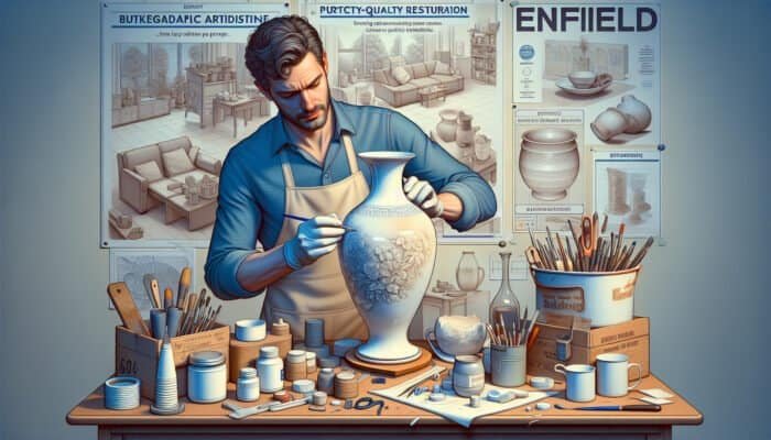 A skilled artisan in Enfield diligently repairing a chipped porcelain vase with affordable tools, ensuring quality restoration.