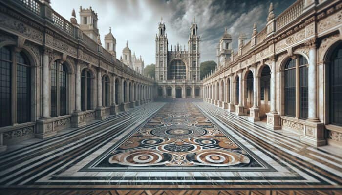 Restored marble floor in Morden Park, UK, with intricate designs, British Museum and Westminster Abbey in the background.