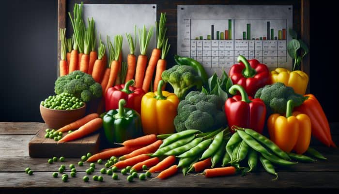 A vibrant assortment of fresh vegetables artfully arranged on a rustic wooden table, ready for stir-frying.