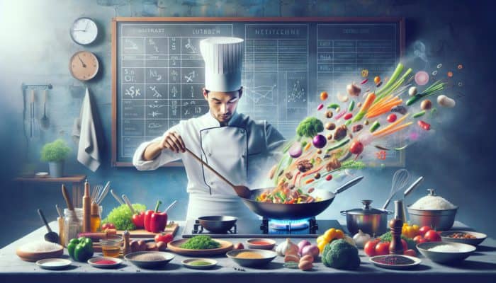 A chef skillfully stir-frying colourful vegetables and meat in a wok, with steam rising in a vibrant kitchen setting.