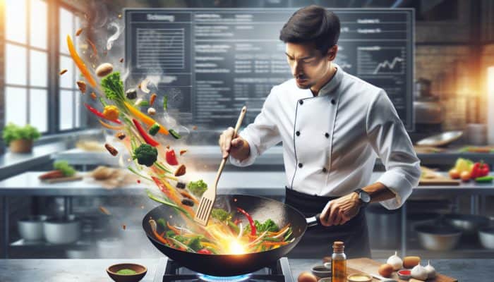 A chef expertly stir-frying vegetables in a wok using a spatula, achieving even cooking and caramelisation.
