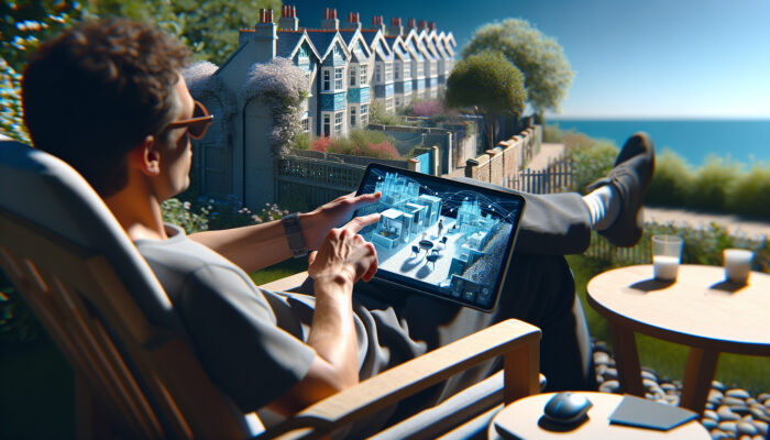Individual in Brighton garden using tablet to oversee decluttering of London flat through video conference.
