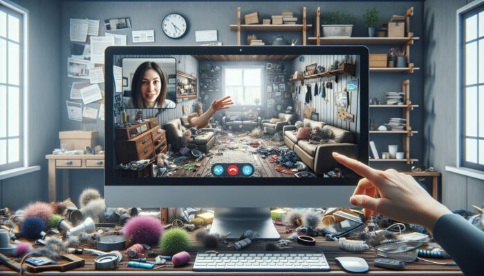 A digital platform showcasing a virtual home tour with a homeowner on a video call, guiding through a cluttered room.