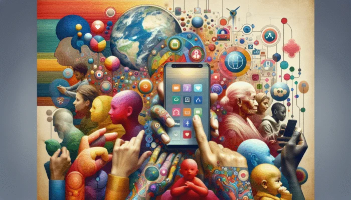 A vibrant mobile interface showcasing large text and intuitive navigation, appealing to diverse global users.