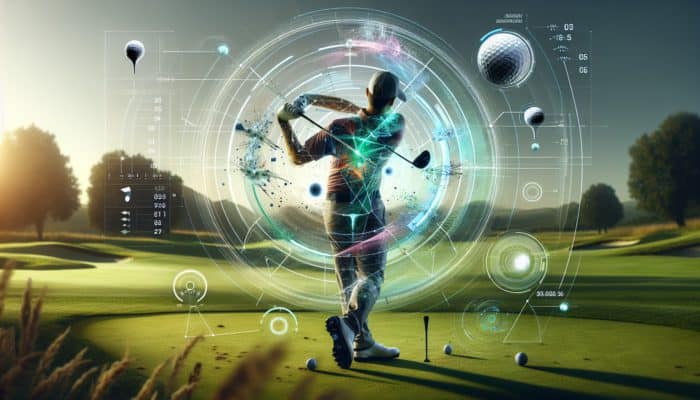 Golfer utilising cutting-edge 2025 app equipped with high-speed cameras and sensors, showcasing real-time swing metrics on a futuristic interface.