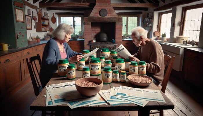 An elderly vegan couple from Shrewsbury examining B12 supplements and fortified cereals at their kitchen table.