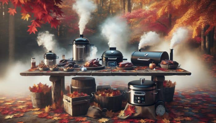Exploring Different Smoker Types for Whole Turkey: Electric, charcoal, and pellet smokers on a rustic table with autumn leaves background.