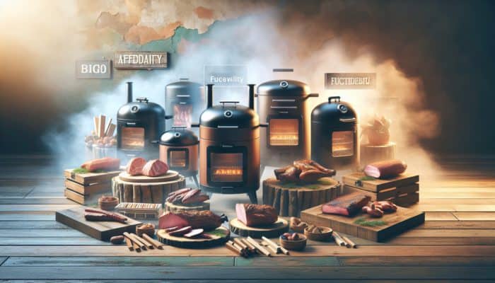 Exploring Affordable Smokers: A variety of budget-friendly smokers on a rustic table with meats and smoking woods, warmly lit.