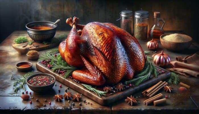 Enhancing Your Smoked Turkey: A succulent smoked turkey with herbs and spices, glistening with moisture, in a rustic kitchen setting.