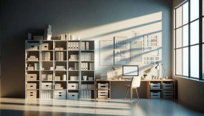 A minimalist workspace with organised shelves, labelled boxes, and colour-coded folders in natural light.