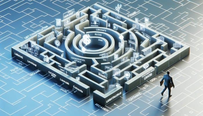 A person navigating a maze of financial paths, with clear safe routes highlighted, symbolising debt consolidation loans.