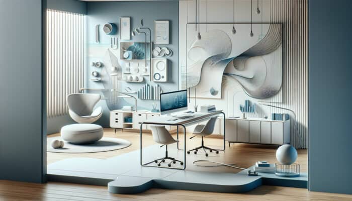 A minimalist digital workspace with organised icons and flowing lines on a blue and white background.