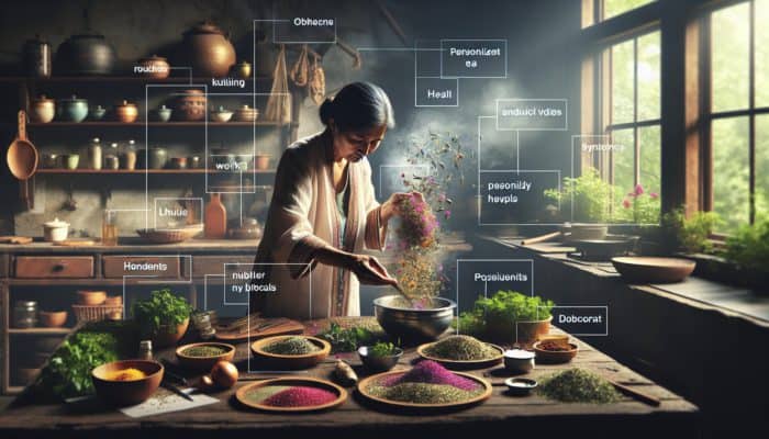 A person blending vibrant herbs into personalized wellness teas in a serene, rustic kitchen.