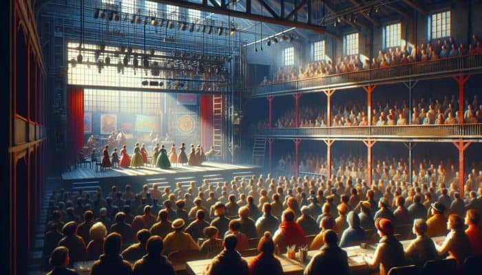 A vibrant local theatre with diverse audience enjoying a culturally rich play, colourful sets, and expressive costumes.