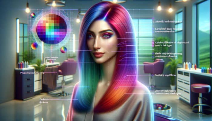 Person with vibrant, custom-blended hair gloss, showcasing colorful spectrum, in modern salon.